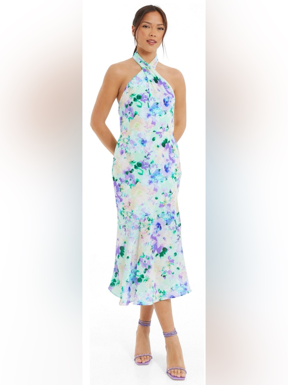 QUIZ Floral Crepe Halter Neck Midi Frill Hem Dress Multi Color US 14